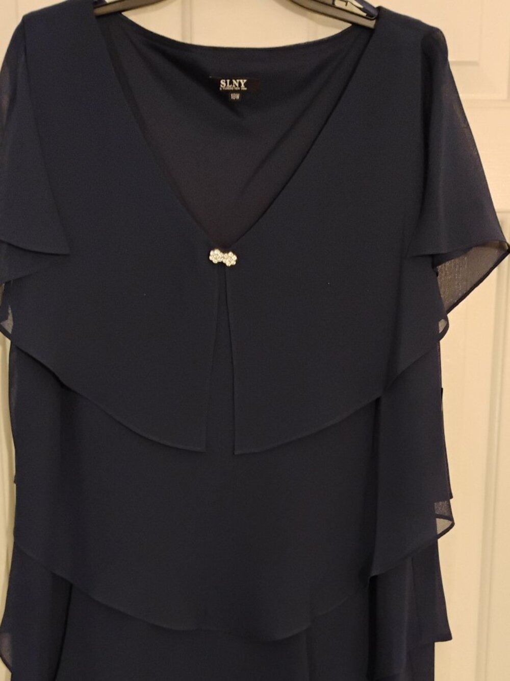 SL Fashions's tiered sleeveless dress, Rhinestone accent. 18W & 18, Dark Blue
